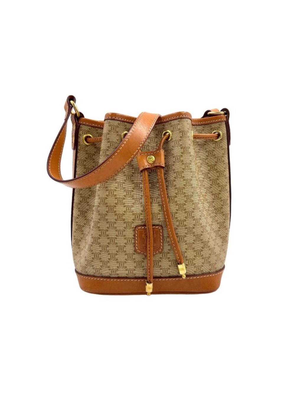 Celine Macadam Pattern Drawstring Leather Beige Light Brown Shoulder Bag Gold